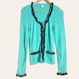 Cache Vintage Turquoise Teal Blue Ribbed Knit Fringed Cardigan Sweater Size M